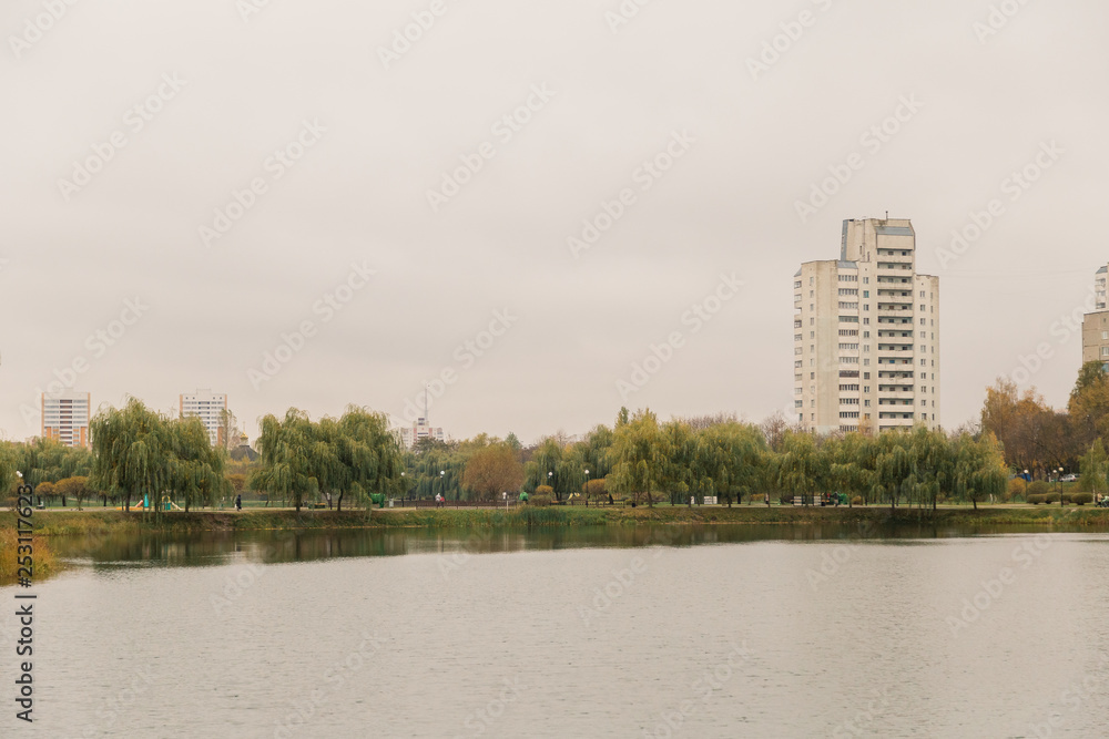 Obraz premium Grassy shore of the lake with residential buildings in the distance, on a cloudy day, autumn weather.