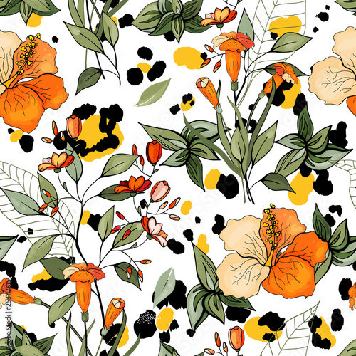 Safari Africa design of leopard. Vector. Modern animal skin prints and flower hand drawn seamless pattern.