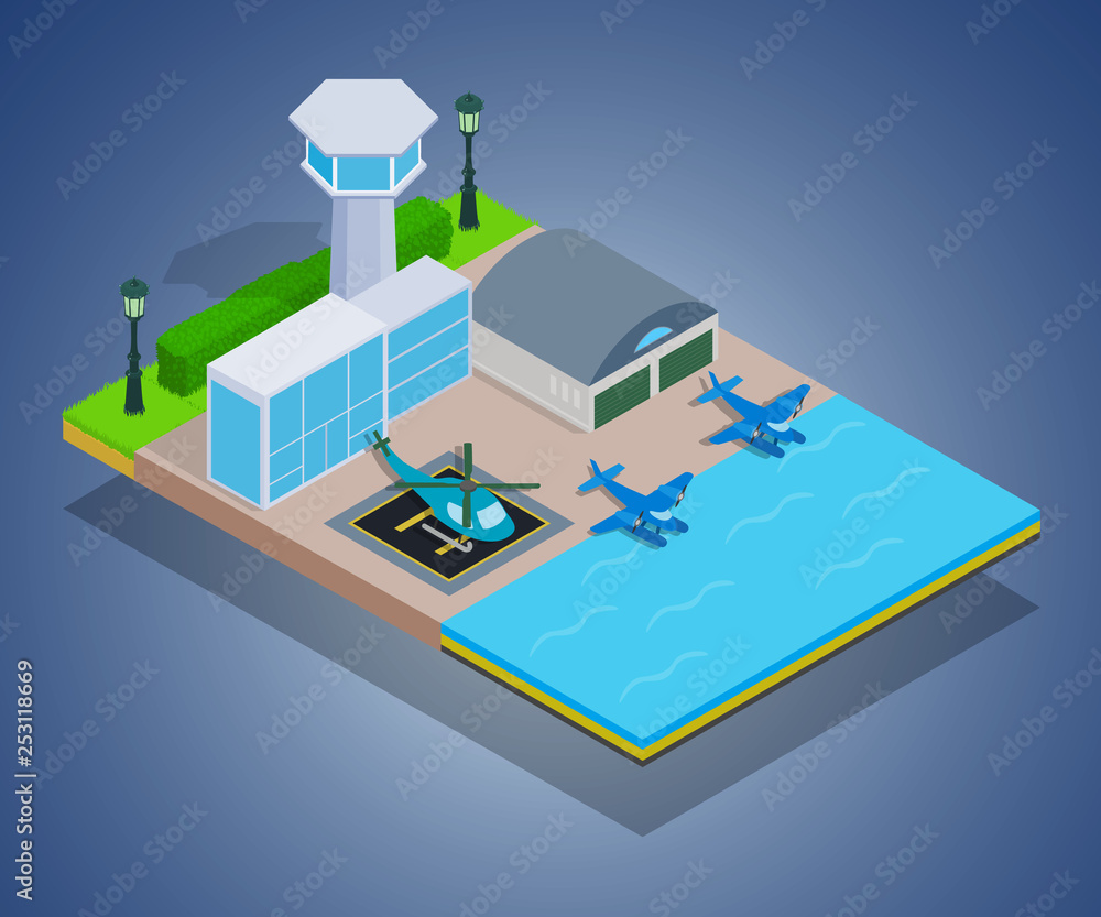 Water airport concept banner. Isometric banner of water airport vector concept for web, giftcard and postcard