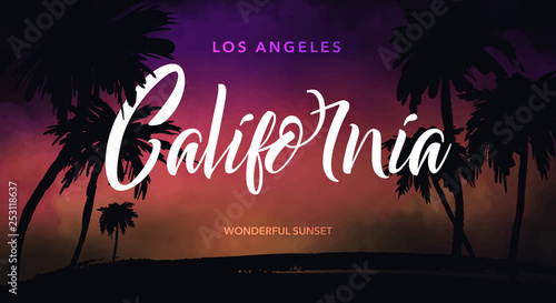 California. Summer tropical background with palms, sky and sunset. Summer Time.