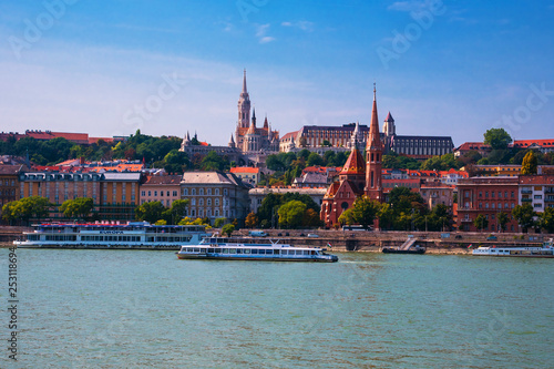 Budapest. Hungary. Summer city landscape. A view of the old buildings and the Danube River. 