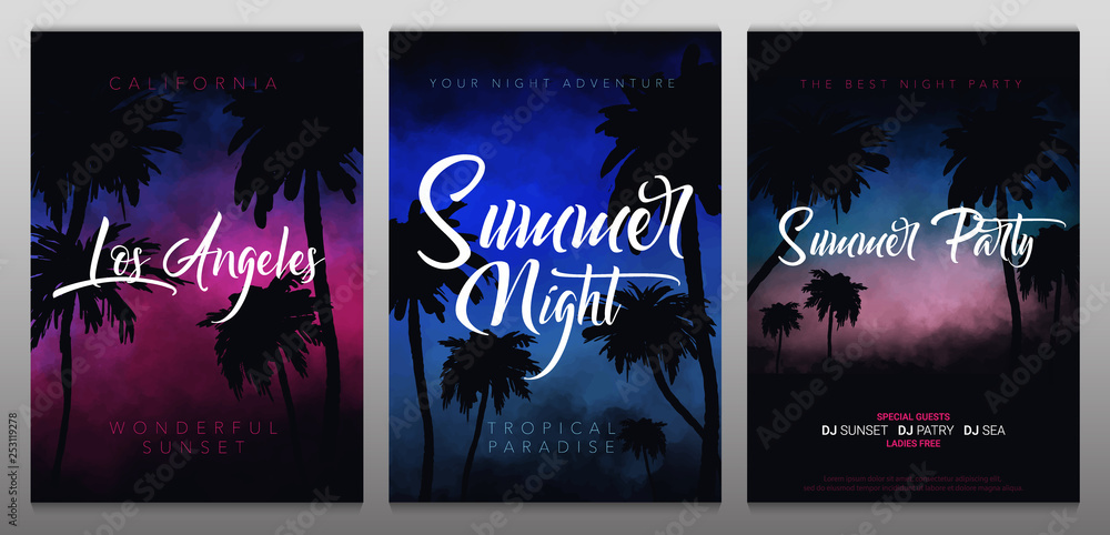 Set of Summer tropical backgrounds with palms, sky and sunset. Summer Time.
