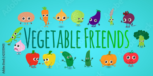 Vegetable friends concept banner. Cartoon banner of vegetable friends vector concept for web, giftcard and postcard
