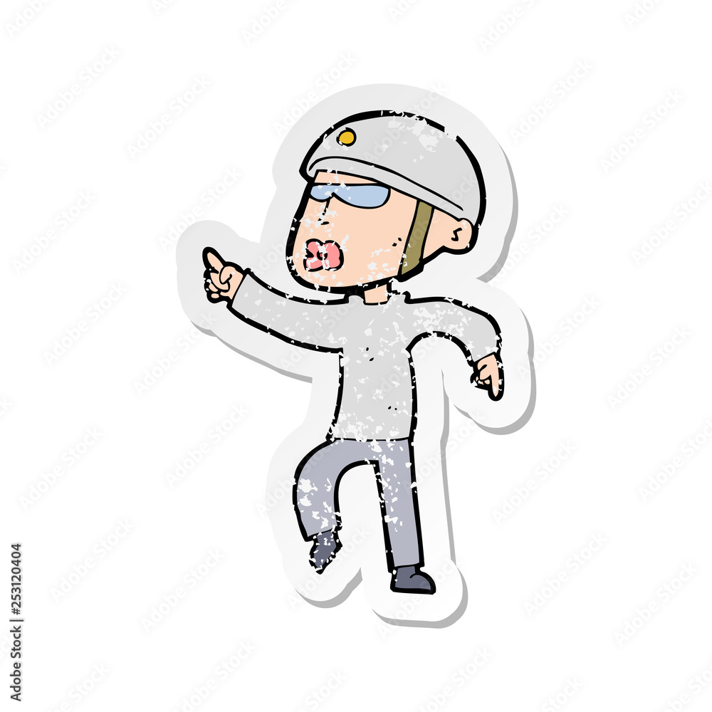 retro distressed sticker of a cartoon man in bike helmet pointing retro distressed sticker of a cartoon man in bike helmet pointing