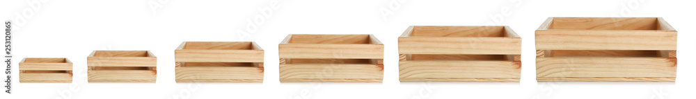 Set of empty wooden crates on white background Set of empty wooden crates on white background