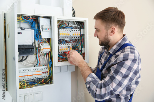 Fotografi Electrician repairing fuse box with screwdriver indoors