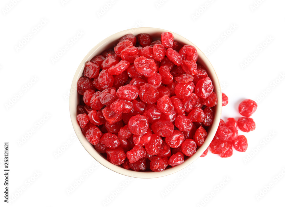 Bowl with tasty cherries on white background, top view. Dried fruits as healthy food Bowl with tasty cherries on white background, top view. Dried fruits as healthy food