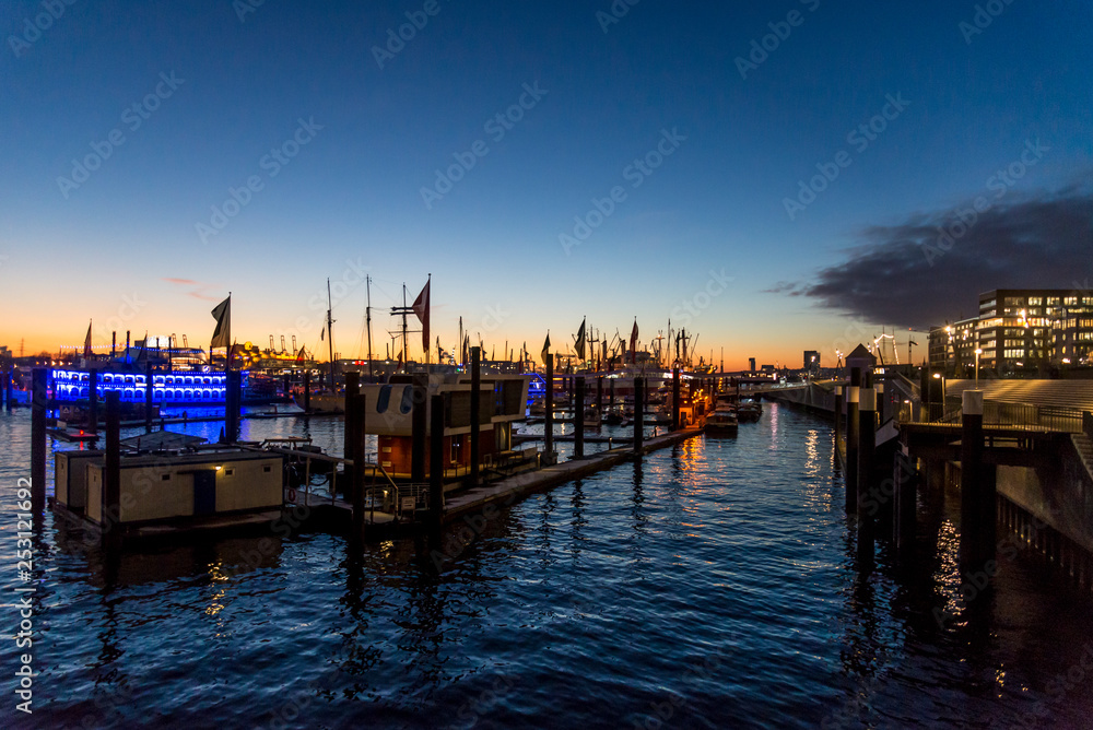 Illuminated ships and piers at night in the central harbour on the Elbe river, Hamburg, Germany