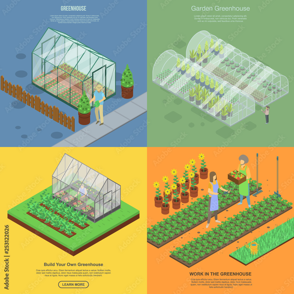 Greenhouse banner set. Isometric set of greenhouse vector banner for