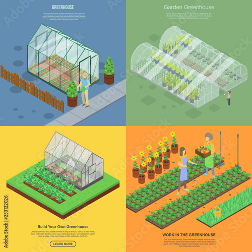 Greenhouse banner set. Isometric set of greenhouse vector banner for web design
