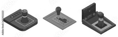 Gearbox icons set. Isometric set of gearbox vector icons for web design isolated on white background