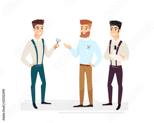 Vector illustration set of handsome barbers. Cartoon trendy hipster barber men, happy and smiley hair masters men. Professional barbes in different poses isolated on white background in flat cartoon