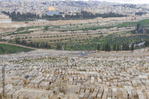 Mount of Olives - elevation located in East Jerusalem in Israel. The Mount of Olives lies at the eastern end of Jerusalem and separates the city from the Judean Desert