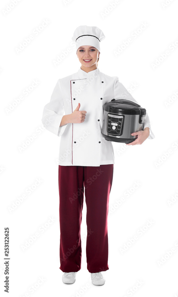 Full length portrait of female chef with modern multi cooker on white background Full length portrait of female chef with modern multi cooker on white background