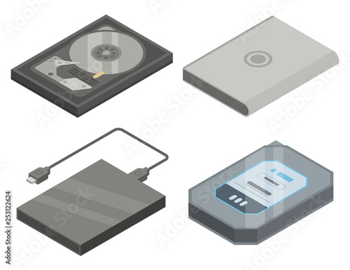 Hard disk icons set. Isometric set of hard disk vector icons for web design isolated on white background