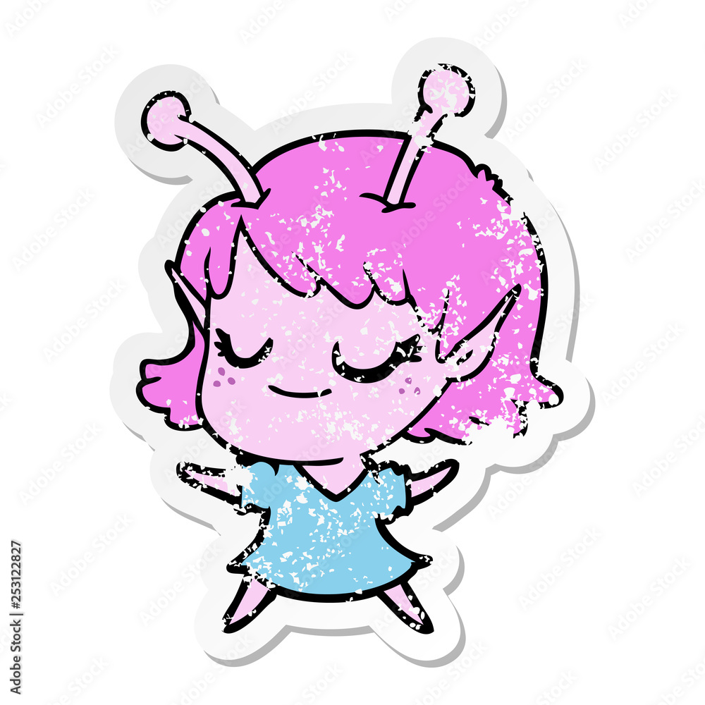distressed sticker of a smiling alien girl cartoon distressed sticker of a smiling alien girl cartoon