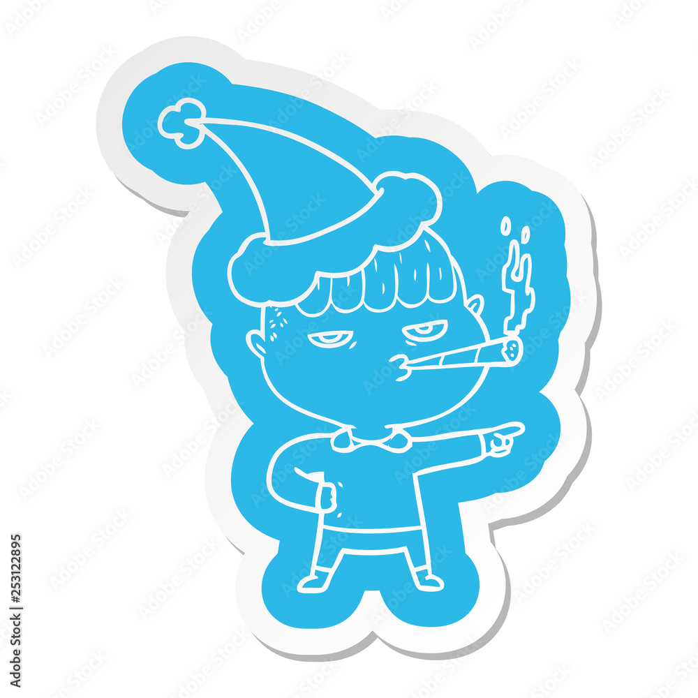 Fototapeta premium cartoon sticker of a man smoking wearing santa hat