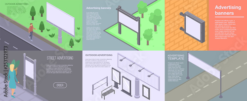 Outdoor advertising banner set. Isometric set of outdoor advertising vector banner for web design