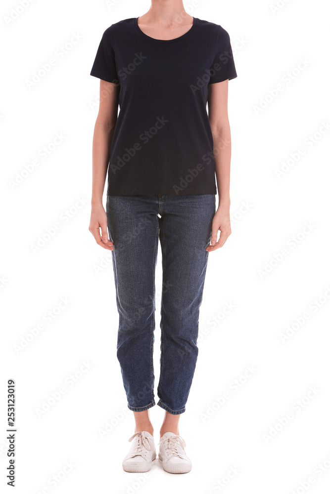 Obraz premium Young slim woman on white background, closeup. Weight loss