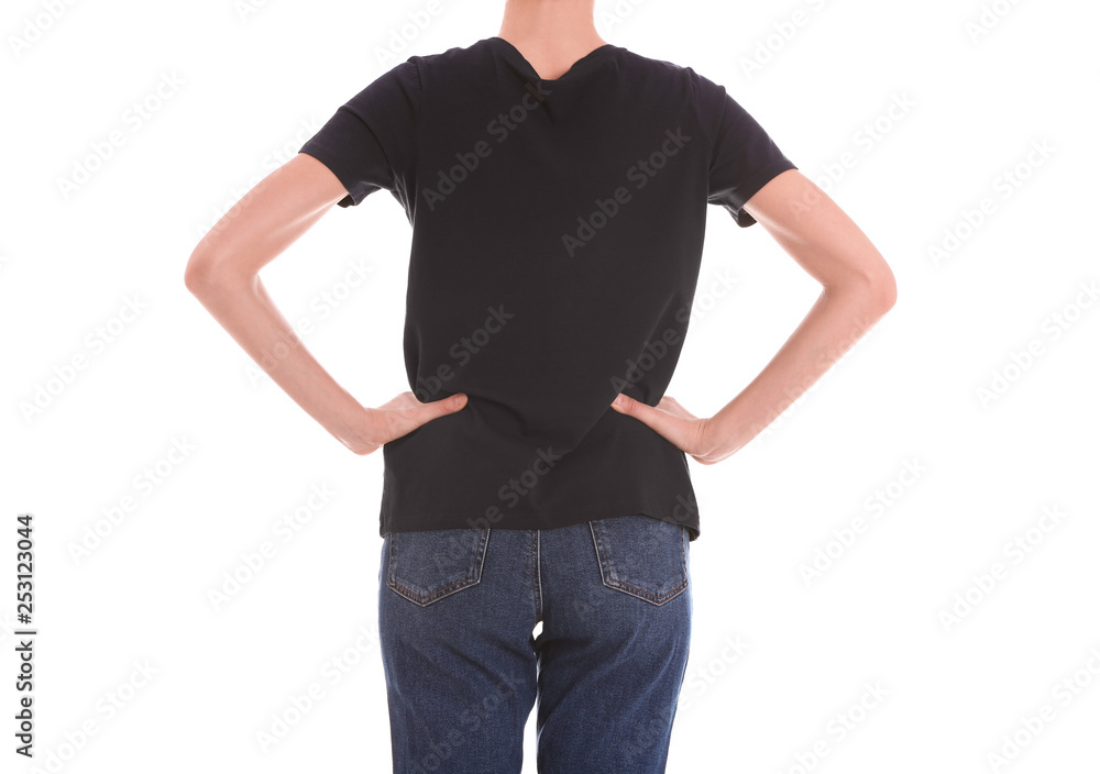 Young slim woman on white background, closeup. Weight loss Young slim woman on white background, closeup. Weight loss