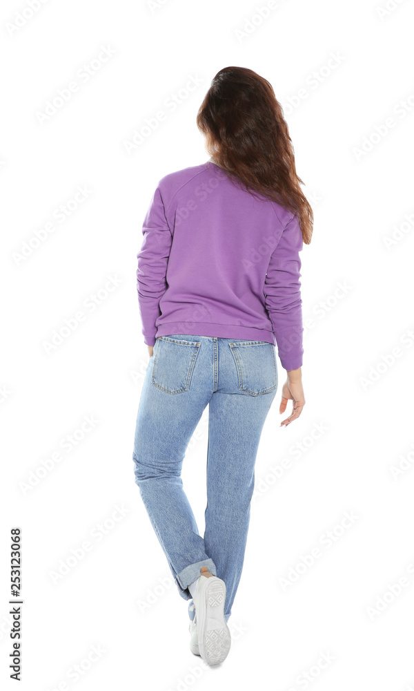 Beautiful young woman in stylish clothes on white background Beautiful young woman in stylish clothes on white background