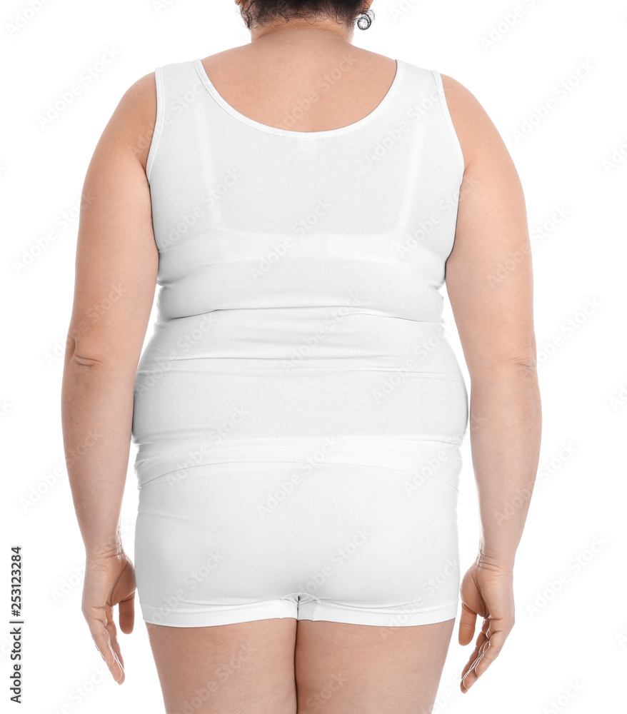Overweight woman on white background, closeup. Weight loss