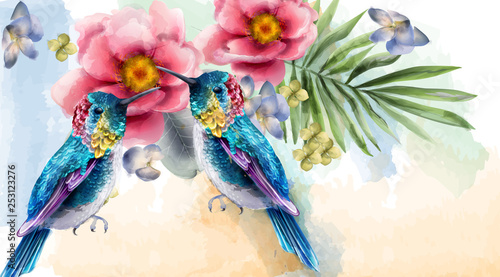 Obraz na płótnie Colorful humming birds and flowers watercolor Vector. Tropic card backgrounds