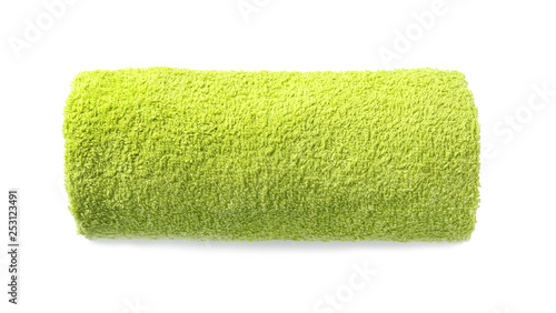 Bright towel on white background. Beach accessories