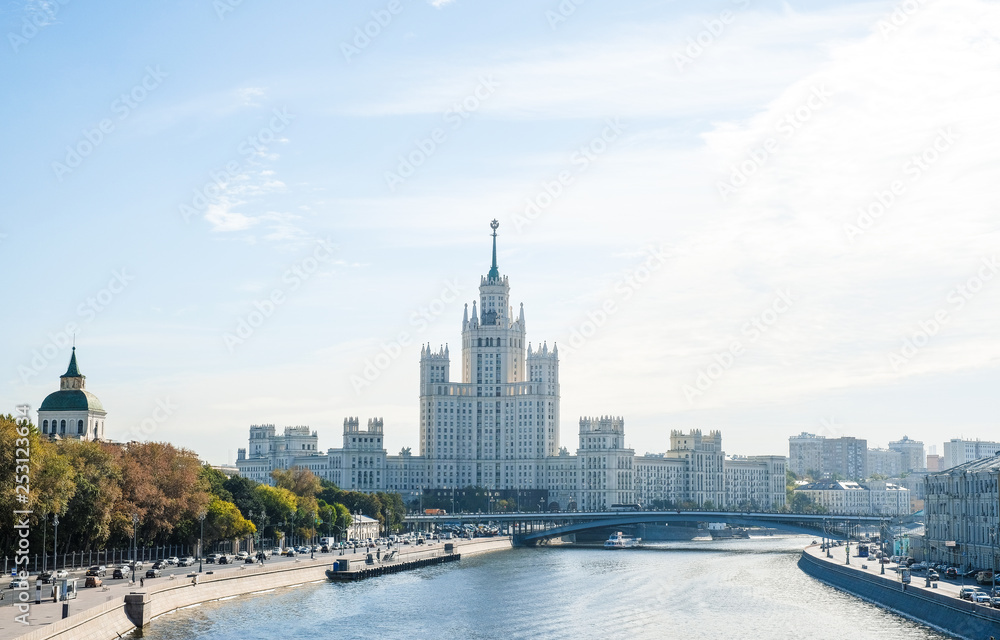 City landscape, view of the Moscow river with pleasure boats, Stalin skyscraper City landscape, view of the Moscow river with pleasure boats, Stalin skyscraper