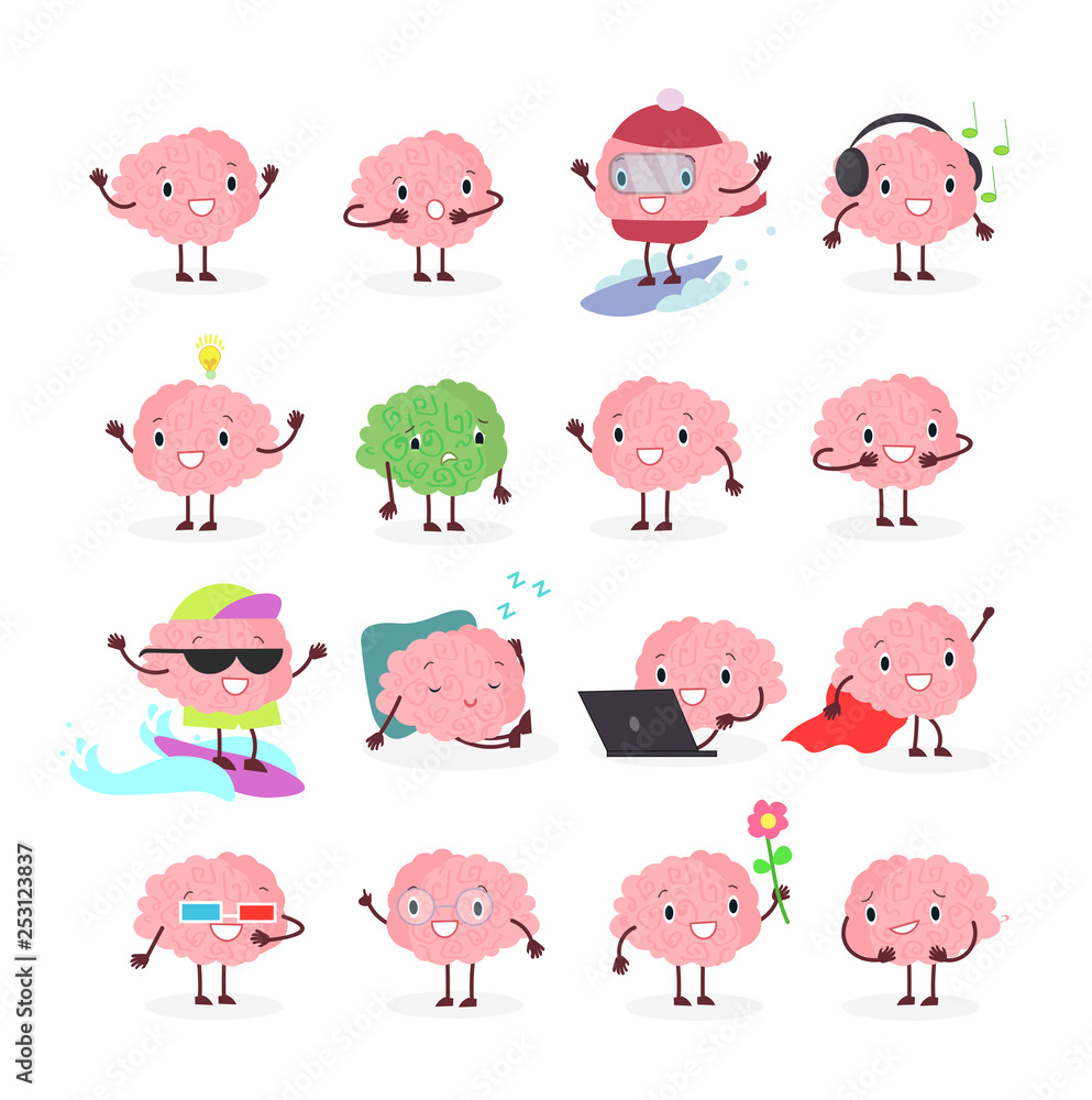 Fototapeta premium Vector illustration set of brain emoji, emotion brainy character in different positions and emotions, brainstorming set isolated on white background in flat cartoon style.