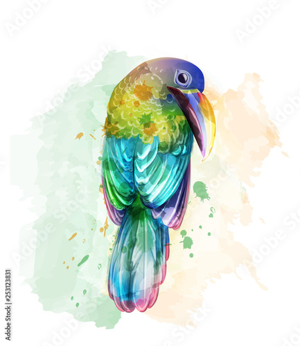Tropic colorful parrot bird Vector watercolor. Cute bird illustration. blue c...