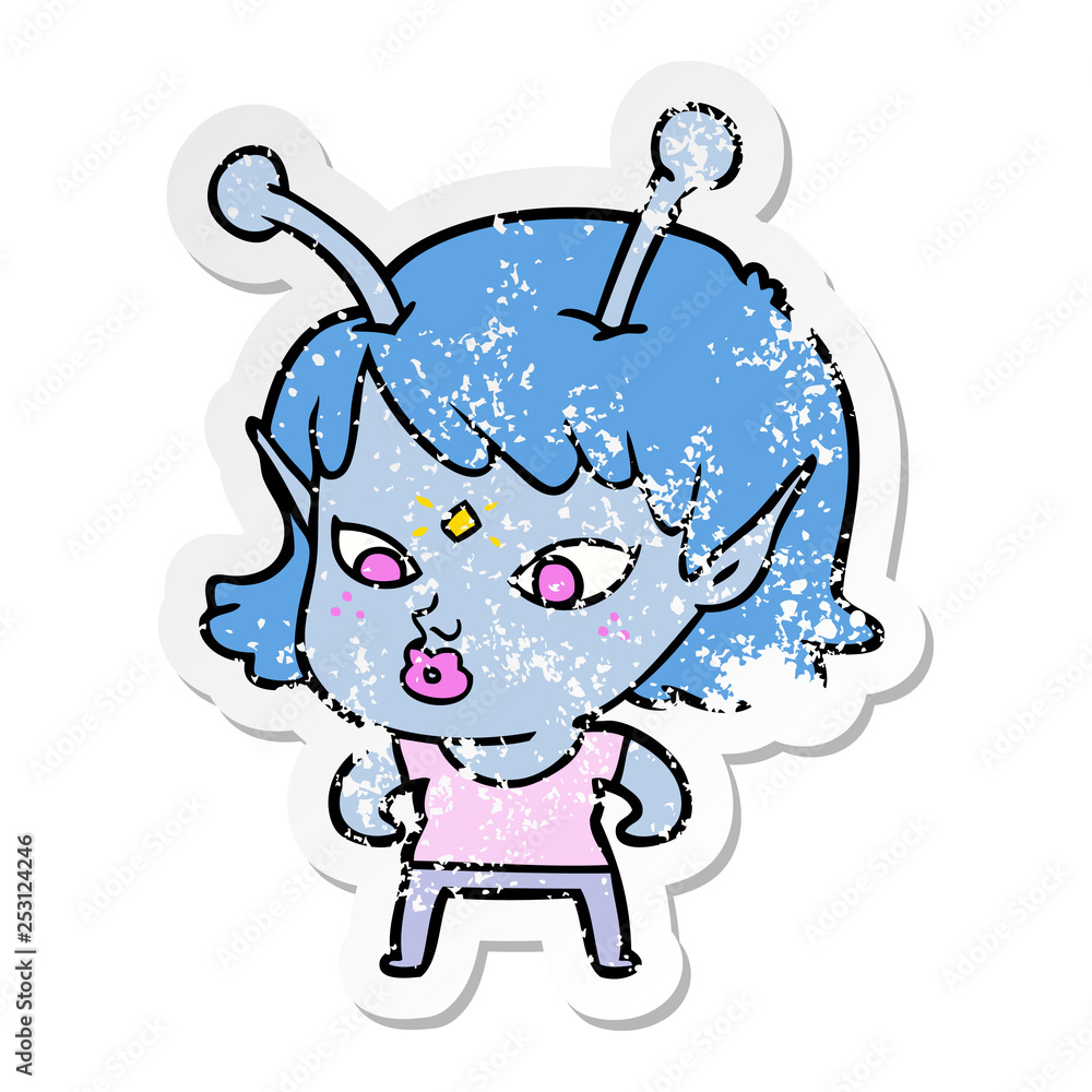 distressed sticker of a pretty cartoon alien girl distressed sticker of a pretty cartoon alien girl