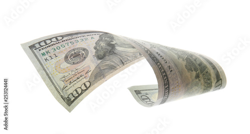 One hundred dollar banknote on white background. American national currency