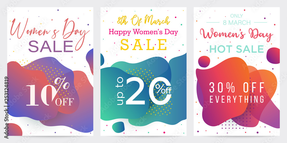 Collection of three Womens Day banners, bright templates for business, abstract shapes backgrounds