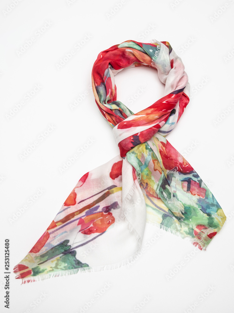 Multicolor scarf on white background. Top view. Multicolor scarf on white background. Top view.