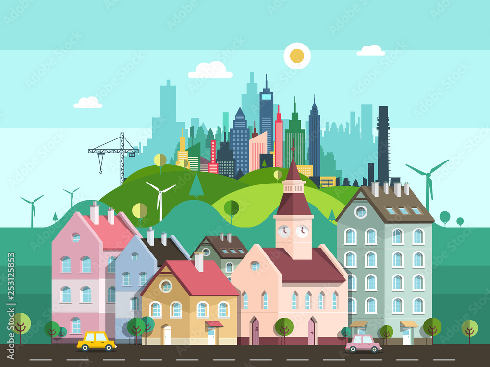 Vector Flat Design City with Buildings, Cars on Street and Skyscrapers Skyline on Background Hills