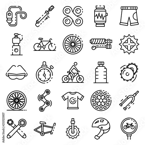 Cycling equipment icons set. Outline set of cycling equipment vector icons for web design isolated on white background