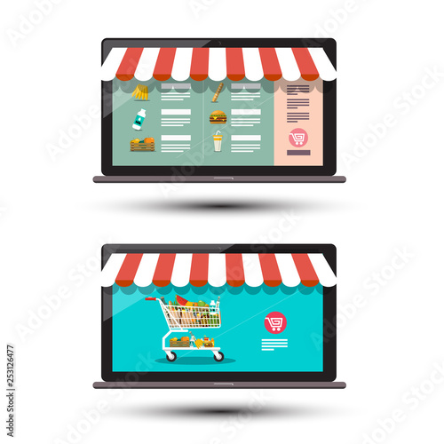 Food Online Store Concpt. E Shop Icons. E-commerce Vector Design. E-shop App on Notebook Computers.