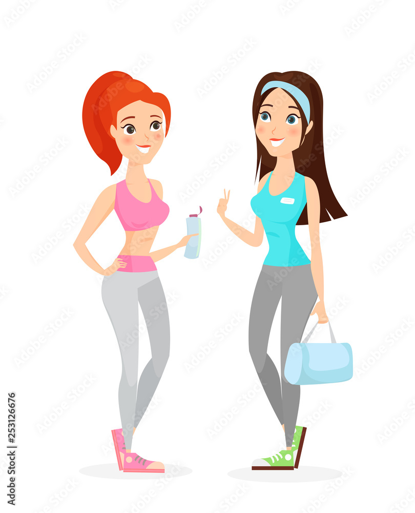 Vector illustration of young girls in sport clothes, fitness concept, two friends doing sport. Young pretty women in sportswear isolated on white background in flat cartoon style.