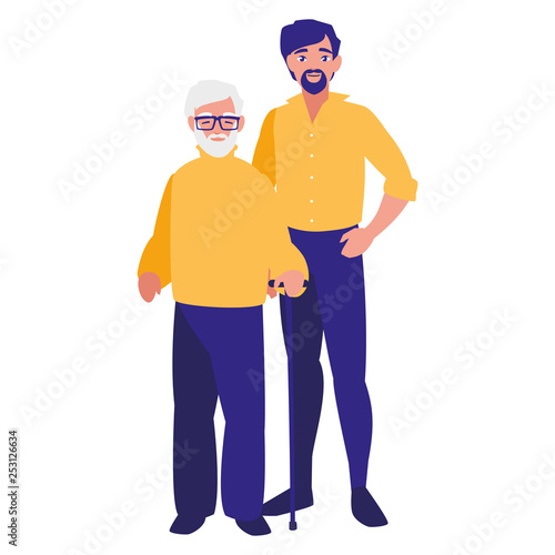 cute grandfather with son characters