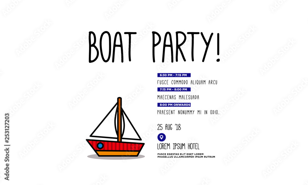 Boat Party Invitation Design with Where and When Details Boat Party Invitation Design with Where and When Details