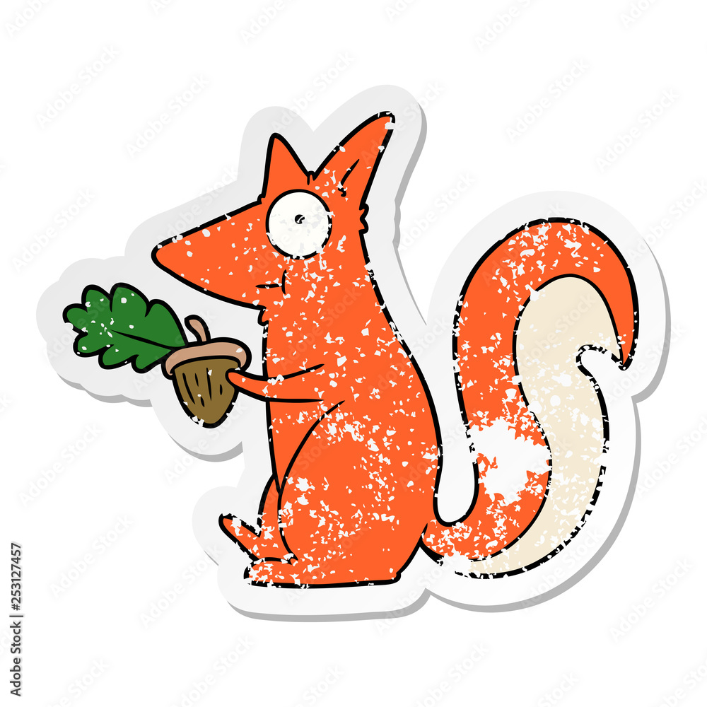 Obraz distressed sticker of a cartoon squirrel with acorn
