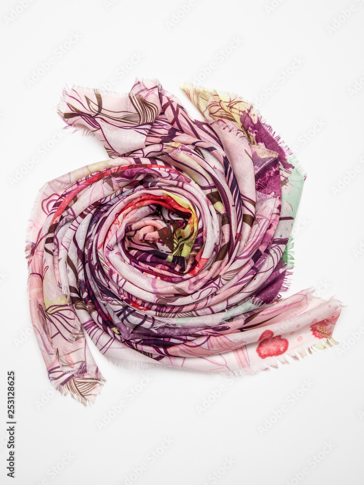 Multicolor scarf on white background. Top view. Multicolor scarf on white background. Top view.