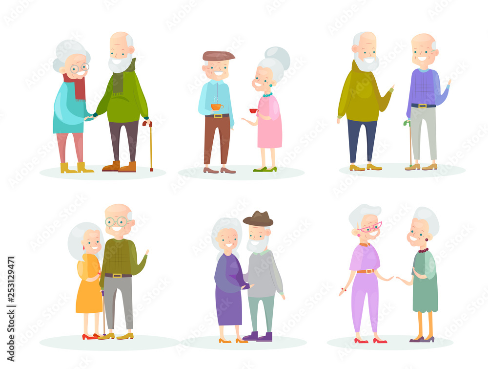 Vector illustration set of cute and lovely old people couples and old  friends isolated on white background. Healthy and active grandparents. Elderly  people characters in different positions and Stock-Vektorgrafik | Adobe  Stock