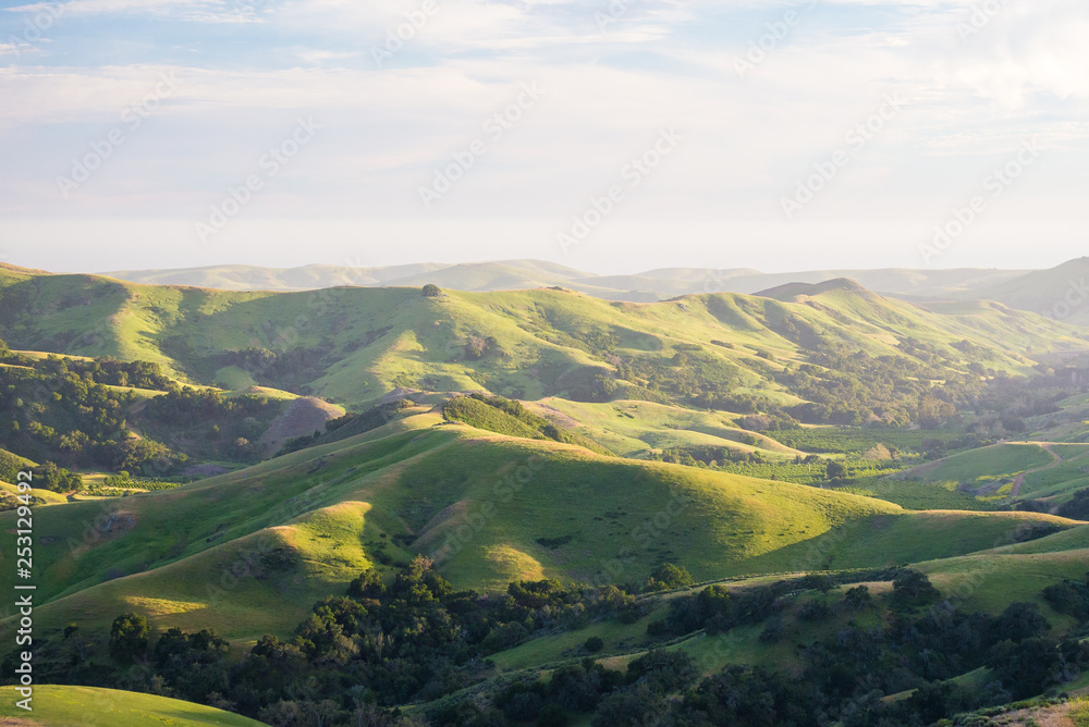Rolling hills of California on West Coast in USA. Backgrounds, landscape and nature.