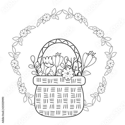 cute basket straw with flowers garden and crown