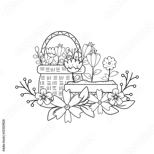 beautiful flowers in pot and basket straw with crown