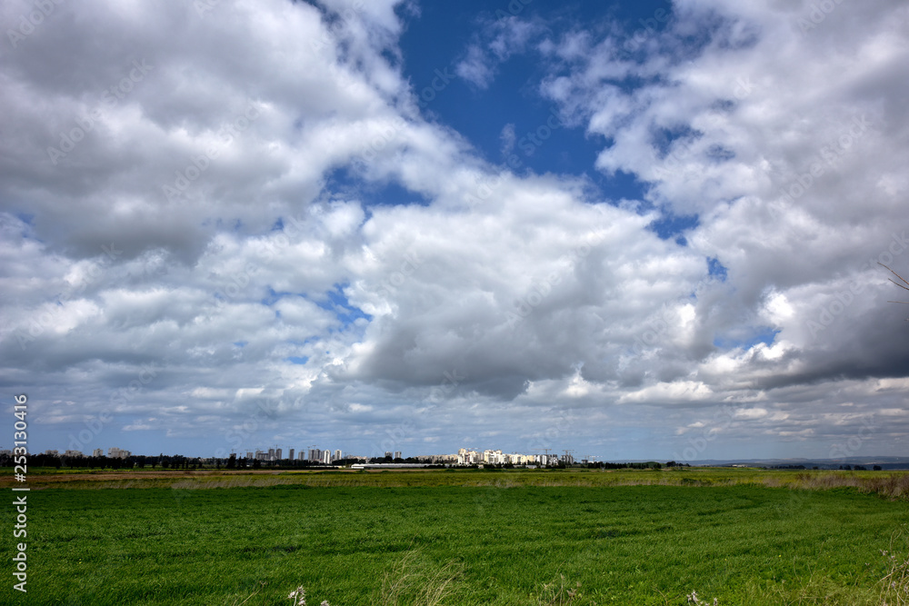 Green field and blue sky. White clouds in the blue sky. City on the horizon. Construction on the outskirts of the city. Green field and blue sky. White clouds in the blue sky. City on the horizon. Construction on the outskirts of the city.