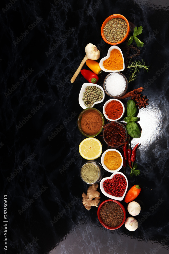 Spices and herbs on table. Food and cuisine ingredients. Spices and herbs on table. Food and cuisine ingredients.