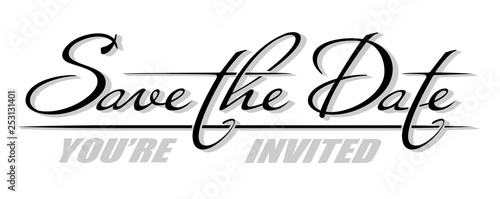 Handwritten isolated phrase Save the Date with shadow. Hand drawn brush calligraphy lettering